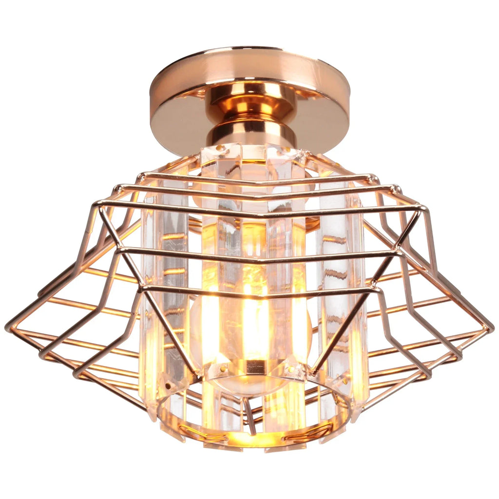 Modern crystal hallway chandelier with gold base, geometric wire frame, and clear glass panels.