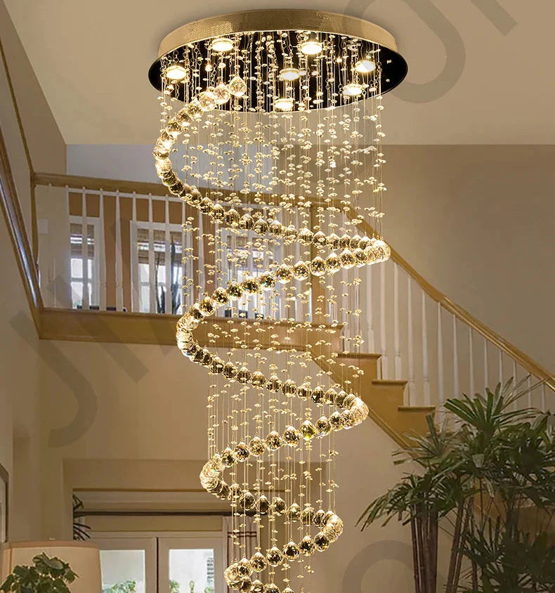Maison Ornate Duplex Spiral Crystal Pendant Light features cascading crystals in an elegant, modern chandelier design.