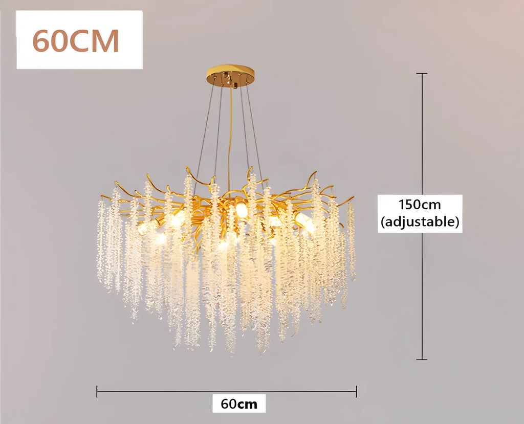 Gold 60cm LED chandelier with cascading acrylic crystal strands and adjustable hanging length.