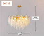 Gold 60cm LED chandelier with cascading acrylic crystal strands and adjustable hanging length.