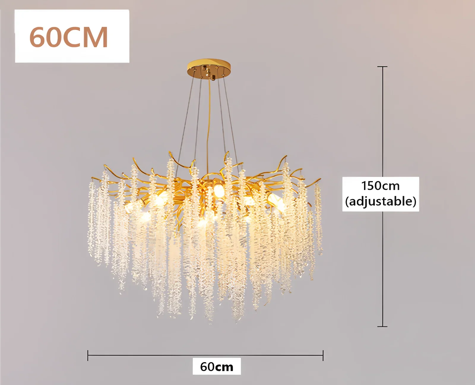 Gold 60cm LED chandelier with cascading acrylic crystal strands and adjustable hanging length.