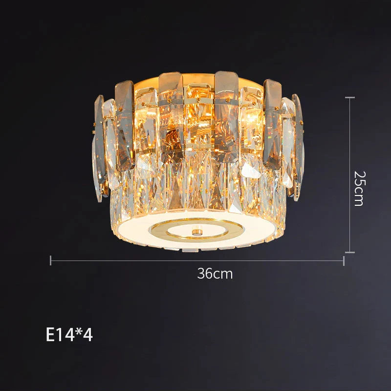 Round dimmable crystal glass chandelier with gold accents, 36 cm diameter, uses four E14 bulbs.