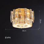 Round dimmable crystal glass chandelier with gold accents, 36 cm diameter, uses four E14 bulbs.