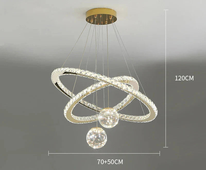 Maison Ornate Golden Crystal Chandelier with LED rings, glass balls, and modern intertwined design. 120x70+50cm.