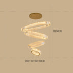 Modern crystal chandelier with four LED rings, dimmable, suspended on thin wires, height 150 cm.