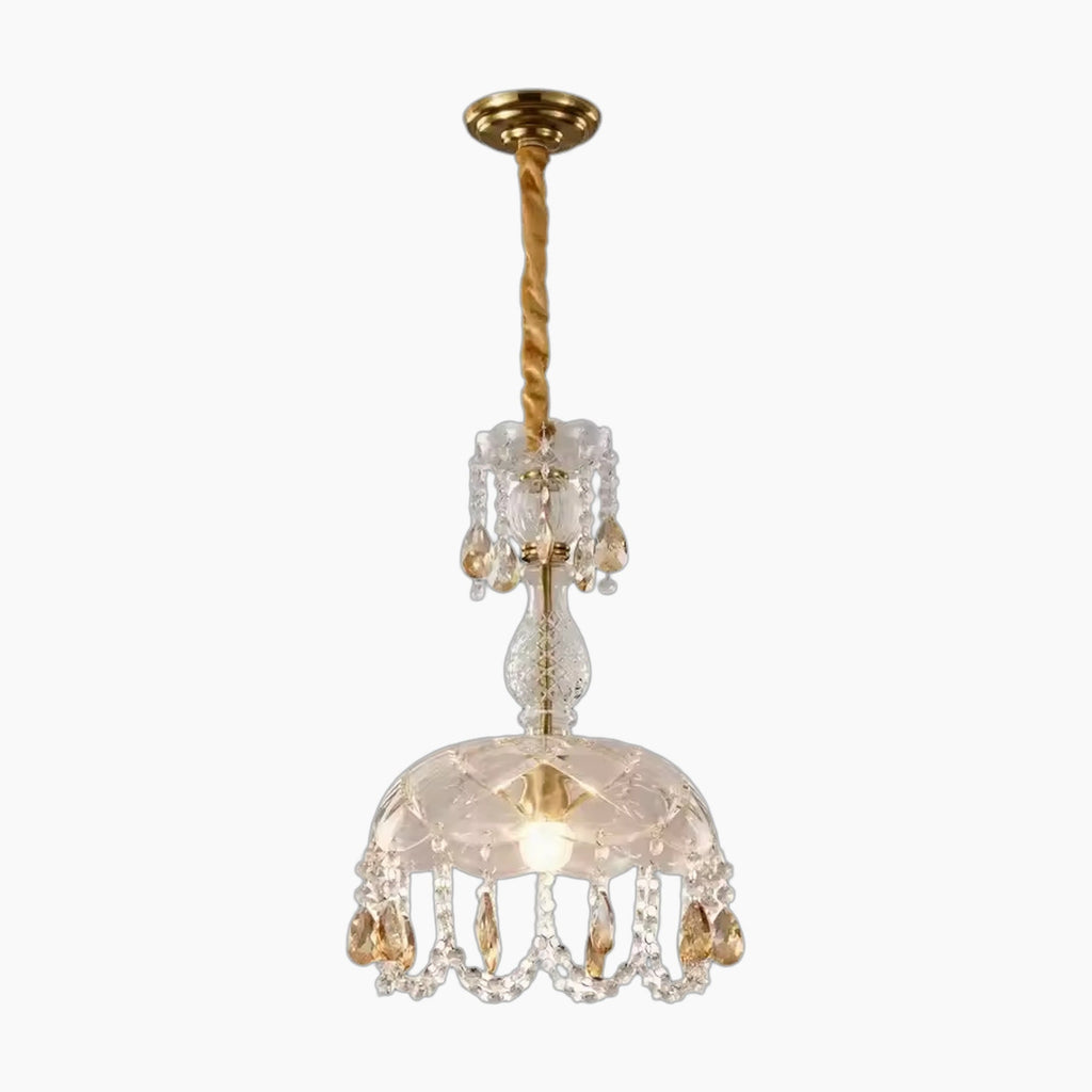 Art Deco crystal chandelier with LED lights, gold detailing, hanging crystals, glass shade, gold mount.