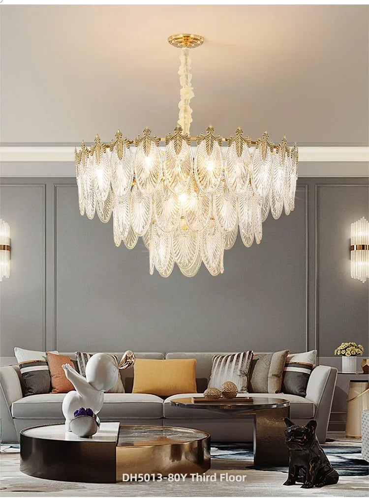 Maison Ornate Retro Leaf Crystal Art Deco LED Chandelier with gold and glass leaf accents.