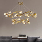 The Maison Ornate LED Crystal Pendant has twisting wave arms and glass bulbs, elegantly suspended.