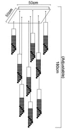 Black and white diagram of 50x50cm modern crystal chandelier with eight adjustable beaded pendant lights.