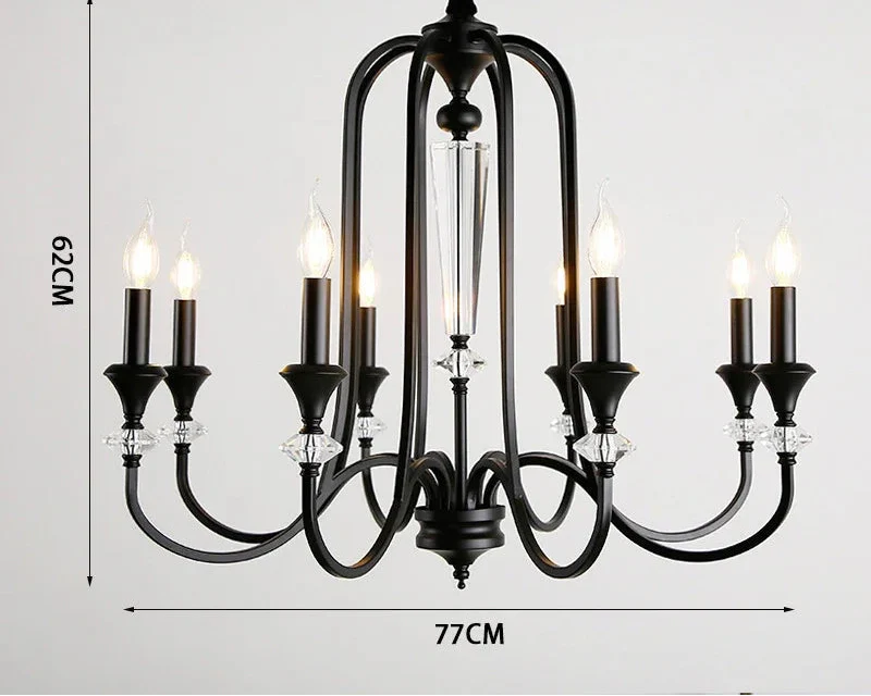 Eight-arm black vintage crystal chandelier with candle-style LED lights and clear crystal accents.