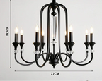 Eight-arm black vintage crystal chandelier with candle-style LED lights and clear crystal accents.