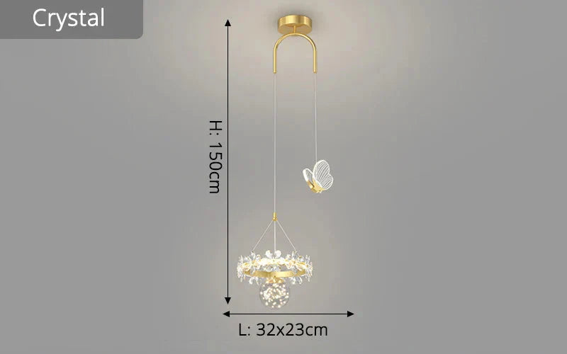 Minimalist crystal ball pendant chandelier with sleek design, dual-wire suspension, 150 cm height, 32x23 cm dimensions.