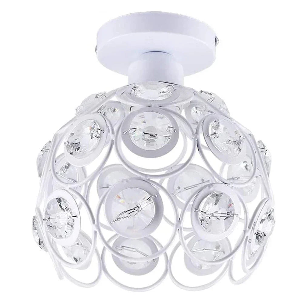 Modern crystal hallway chandelier with white dome metal frame, circular cutouts, and sparkling accents.
