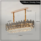 Rectangular smoky grey crystal chandelier with gold cords and sleek ceiling mount, 100×35×30cm.