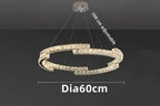 Modern circular chandelier, stainless steel, crystal accents, 60 cm wide, LED lighting, adjustable hanging.