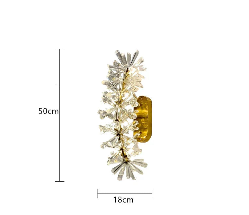 Crystal Hallway Chandelier with light rings, gold base, and crystal-like floral details, 50cm x 18cm.