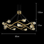 Modern LED crystal chandelier with twisted branches, dimmable lights, and ornate detailing; elegant pendant design.