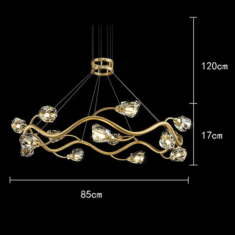 Modern LED crystal chandelier with twisted branches, dimmable lights, and ornate detailing; elegant pendant design.