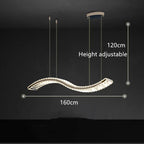 Wave-shaped modern crystal chandelier with stainless steel bands, suspended by adjustable wires, 160cm wide.