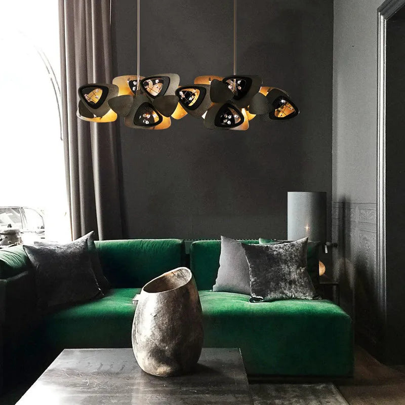 Maison Ornate Modern Stainless Steel and Glass LED Chandelier in black and gold, elegant lighting centerpiece.