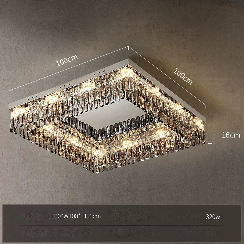 Maison Ornate Rectangular LED Crystal Chandelier with two-layer crystals, 100x100x16cm, 320W, statement lighting piece.