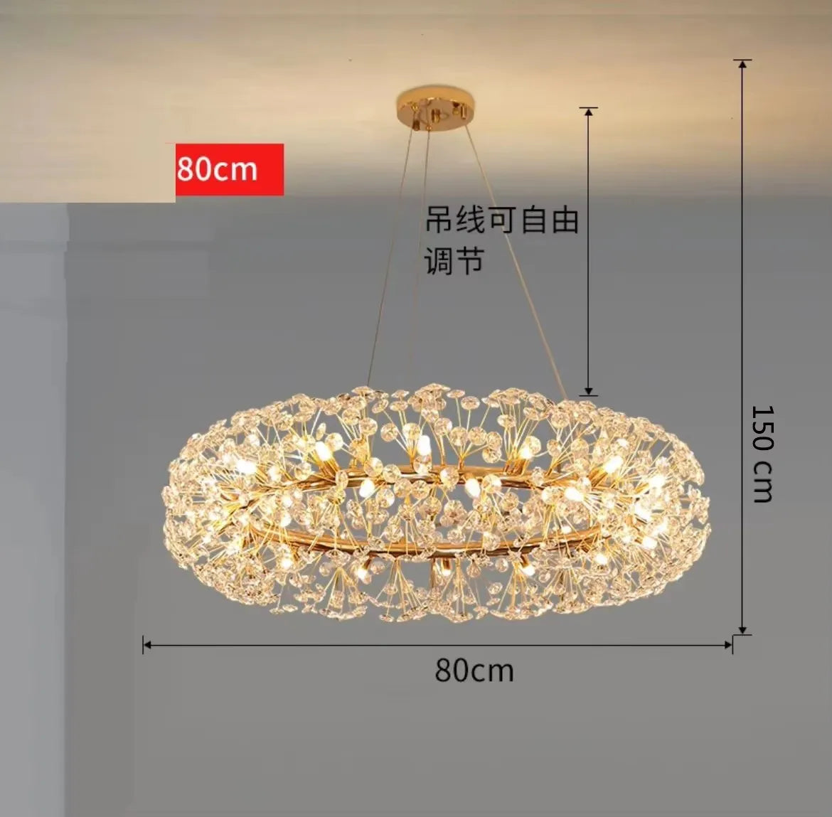 Maison Ornate Modern K9 Crystal Chandelier, gold finish, LED, 80cm wide, 150cm adjustable hanging length.