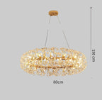 Oval crystal bedroom chandelier with gold accents, 150 cm drop, 80 cm wide, intricate detailing.