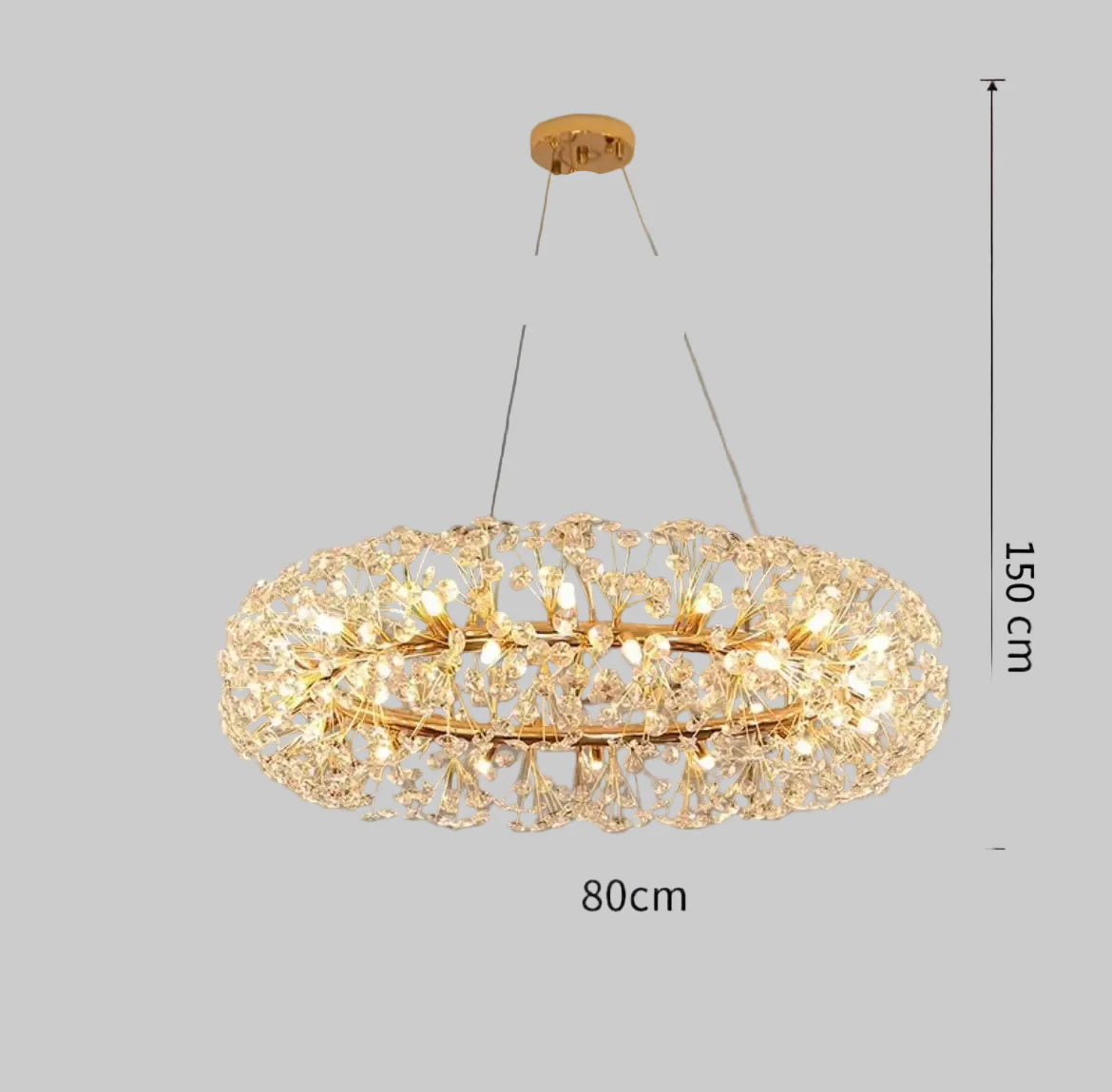 Oval crystal bedroom chandelier with gold accents, 150 cm drop, 80 cm wide, intricate detailing.