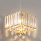 Art Deco crystal chandelier with square frame, vertical glass rods, gold accents, and adjustable rope.