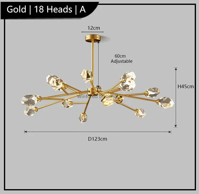 Maison Ornate chandelier with 18 crystal-look LED heads, adjustable height, 123cm wide, 45cm tall.