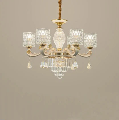Maison Ornate Baroque chandelier with five glass lampshades, crystal accents, prisms, and LED lighting.