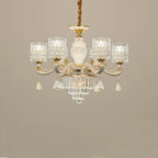 Maison Ornate Baroque chandelier with five glass lampshades, crystal accents, prisms, and LED lighting.