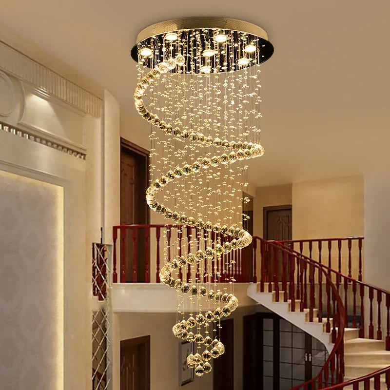 Maison Ornate Duplex Spiral Crystal Pendant Light with cascading crystals and elegant spiral chandelier design.