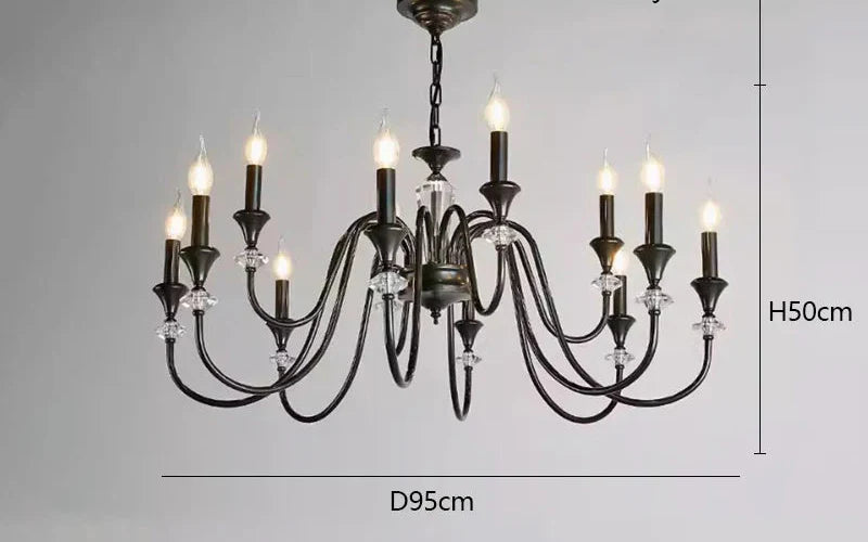 Black metal crystal chandelier with 10 candle bulbs, curved arms, and vintage accents, semi-flush mount.
