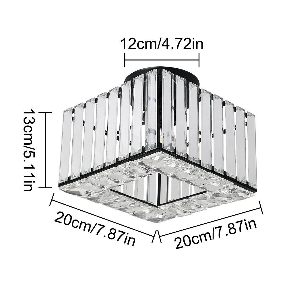 Square Art Deco crystal chandelier with clear vertical bars, black base, adjustable lights; 12cm by 20cm dimensions.