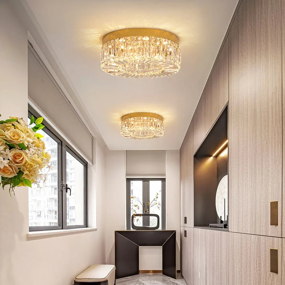 Two Maison Ornate Modern Gold Crystal Bedroom Chandeliers with integrated LED, elegant and luxurious.