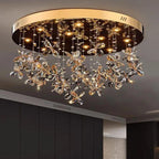 Gold-base chandelier with crystal flower clusters and slim wire suspension, creating modern sparkling elegance.