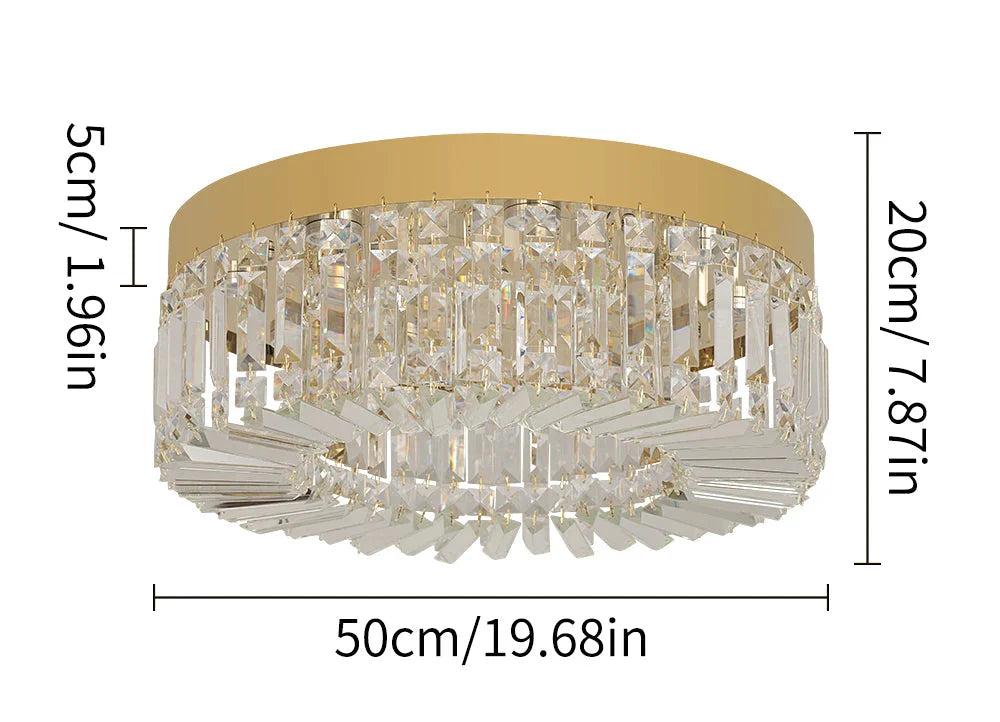 Modern gold chandelier with vertical crystal rods, integrated LED lights, and a sleek round design.