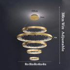 Crystal-adorned gold chandelier with five adjustable LED rings, dimmable lighting, max 300cm height.