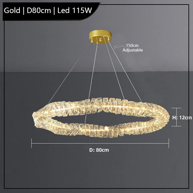 Gold oval chandelier with K9 crystals, warm LEDs, adjustable wires, and 12 cm fixture height.