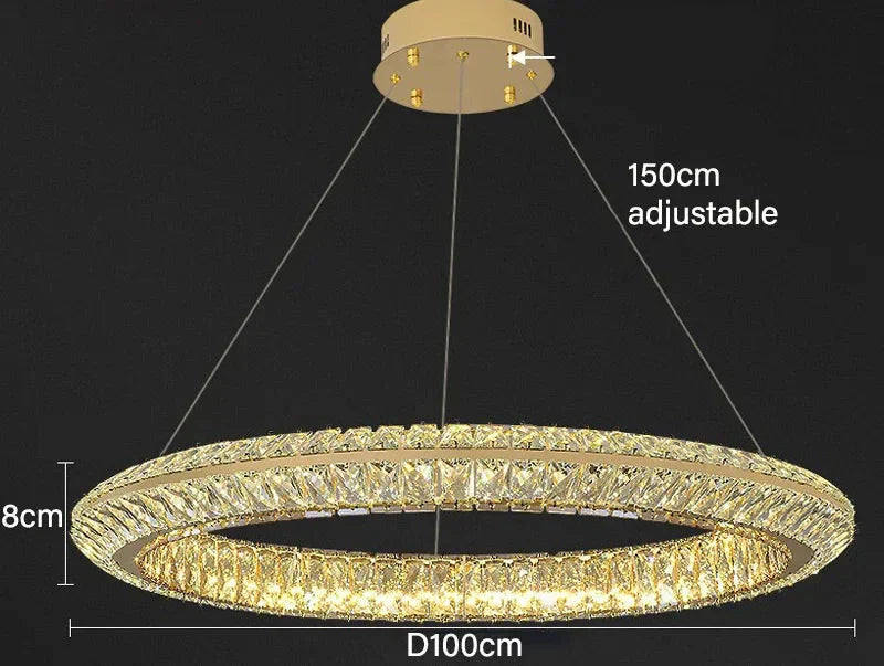 Modern crystal LED chandelier with gold accents, 100 cm diameter, adjustable suspension, round ceiling mount.