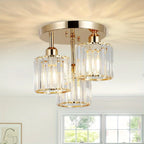 Maison Ornate Modern Gold Crystal Three-Light Chandelier with glass shades and decorative gold base.