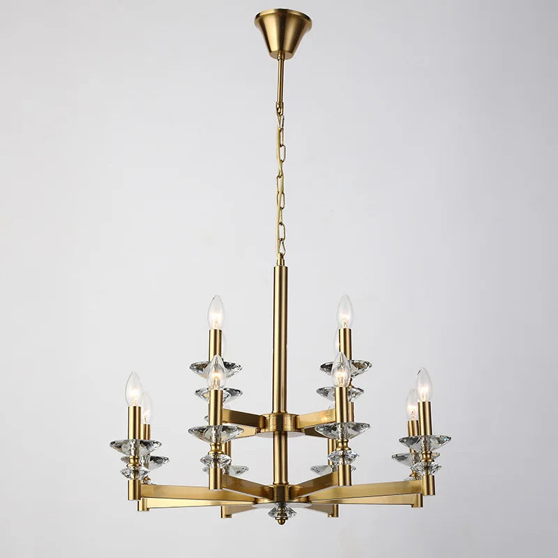 Six-bulb retro industrial iron and crystal chandelier, candle-style lights, circular glass holders, chain suspension.