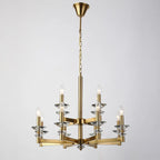 Six-bulb retro industrial iron and crystal chandelier, candle-style lights, circular glass holders, chain suspension.