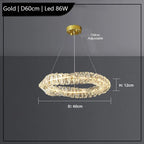 Gold-finished K9 crystal chandelier, 60 cm wide, 12 cm high, adjustable cable, 86W LED.