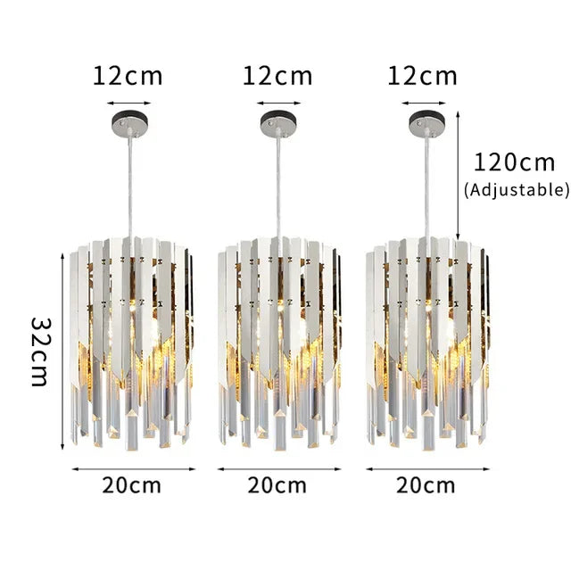 Three gold crystal cylindrical pendant chandelier, 32x20 cm each, adjustable 120 cm cords, arrows indicate measurements.