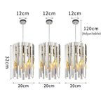 Three gold crystal cylindrical pendant chandelier, 32x20 cm each, adjustable 120 cm cords, arrows indicate measurements.