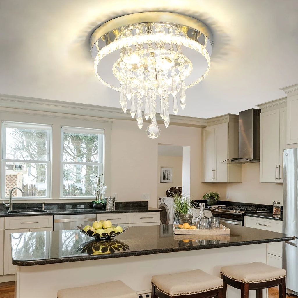 Maison Ornate Modern LED Crystal Bedroom Chandelier, stainless steel and crystal design, elegant lighting fixture.
