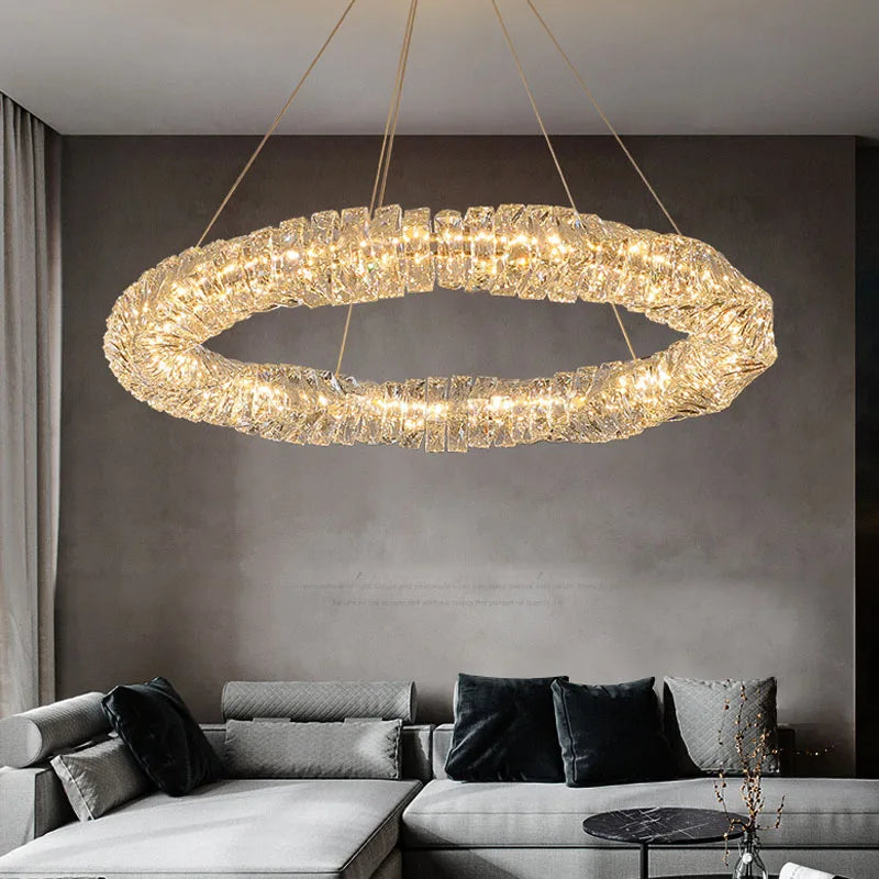 Maison Ornate Dimmable LED Crystal Industrial Indoor Light Rings chandelier with modern crystal rings.