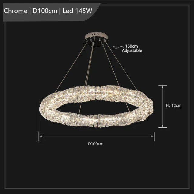 100cm chrome ring chandelier with K9 crystals, 145W LED, three adjustable suspension cables.
